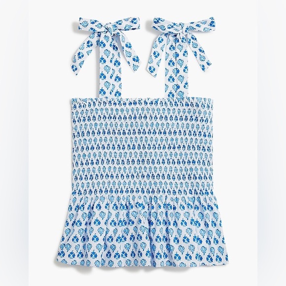 J. Crew Smocked Tie-Shoulder Tank Top, Blue and White, Size XS - Picture 2 of 16